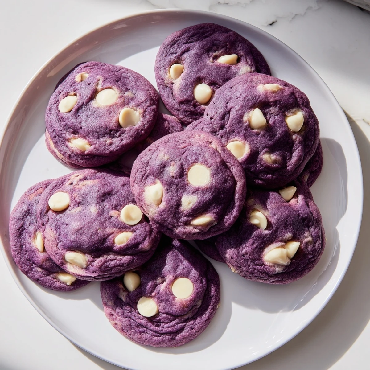 Freshly baked White Chocolate Ube Cookies arranged on a cooling rack with a glass of milk and scattered ube jam nearby.