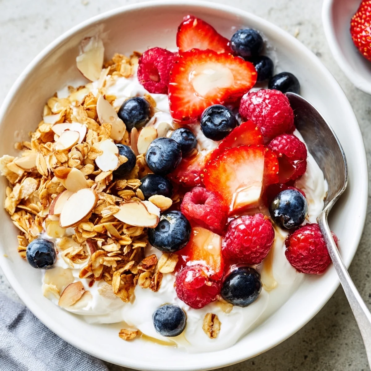 Vibrant collection of four Easy Yogurt Granola Bowls 4 Ways topped with fresh fruits, nuts, and sweet drizzles for a healthy breakfast.