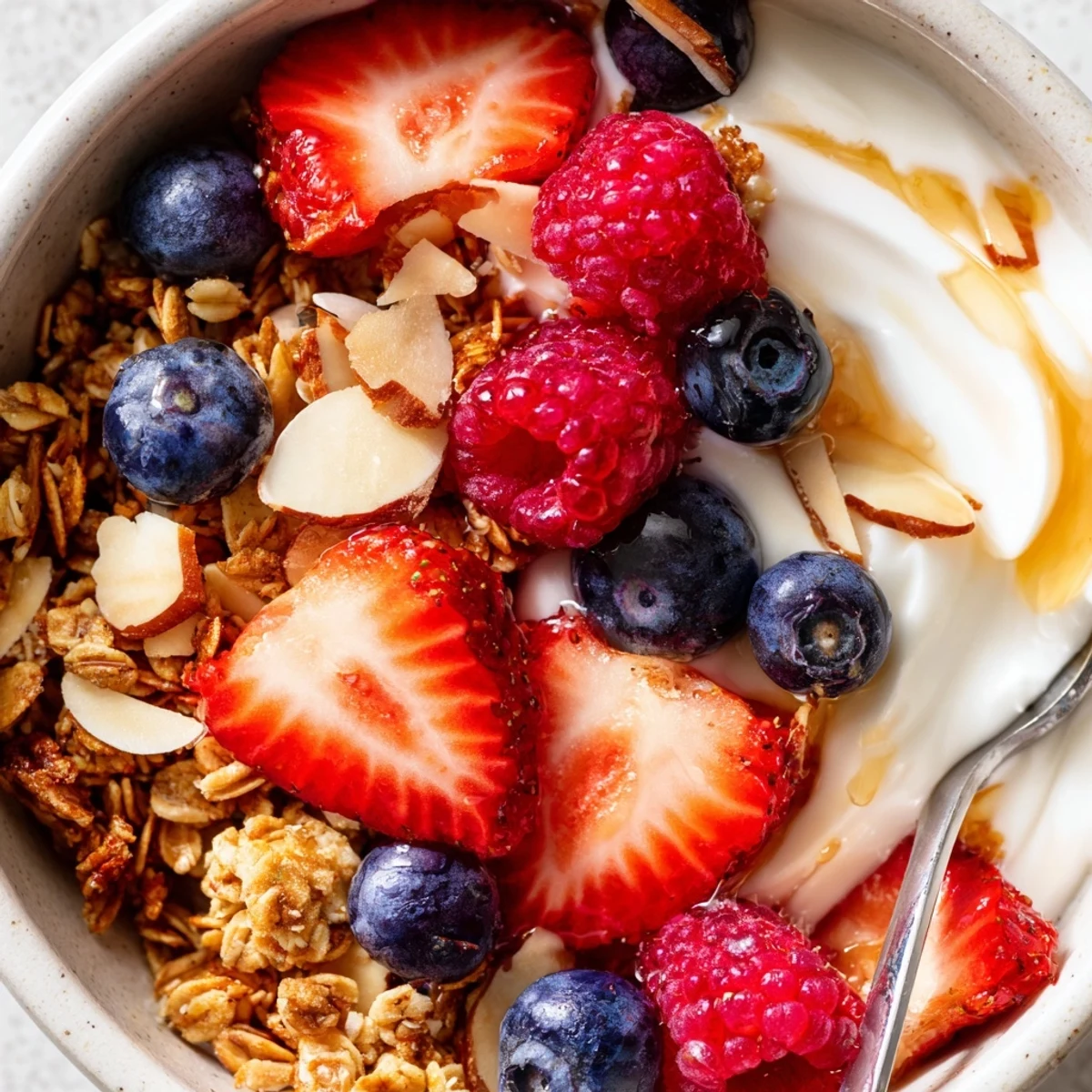 Colorful spoonfuls of Easy Yogurt Granola Bowls 4 Ways showcasing layered Greek yogurt, crunchy granola, and vibrant toppings on a clean white plate.