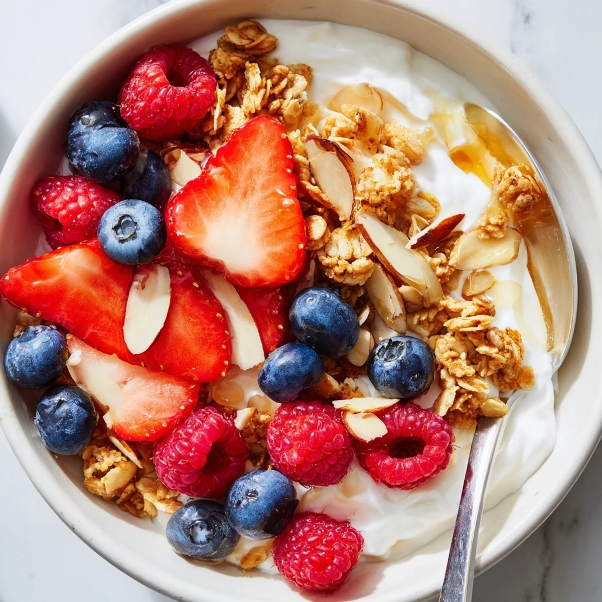 Healthy Easy Yogurt Granola Bowls 4 Ways served in glass bowls with berries, mango, apple, and banana for a delicious morning meal.