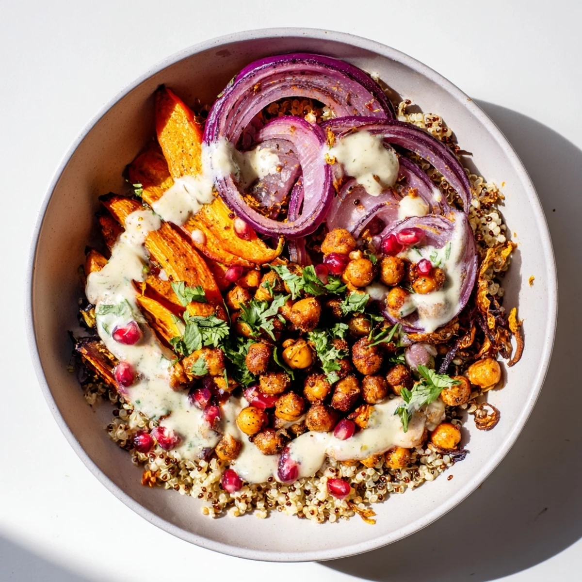 Golden roasted carrots and crispy chickpeas in a One Pan Roasted Carrot Chickpea Bowl, drizzled with creamy tahini dressing.
