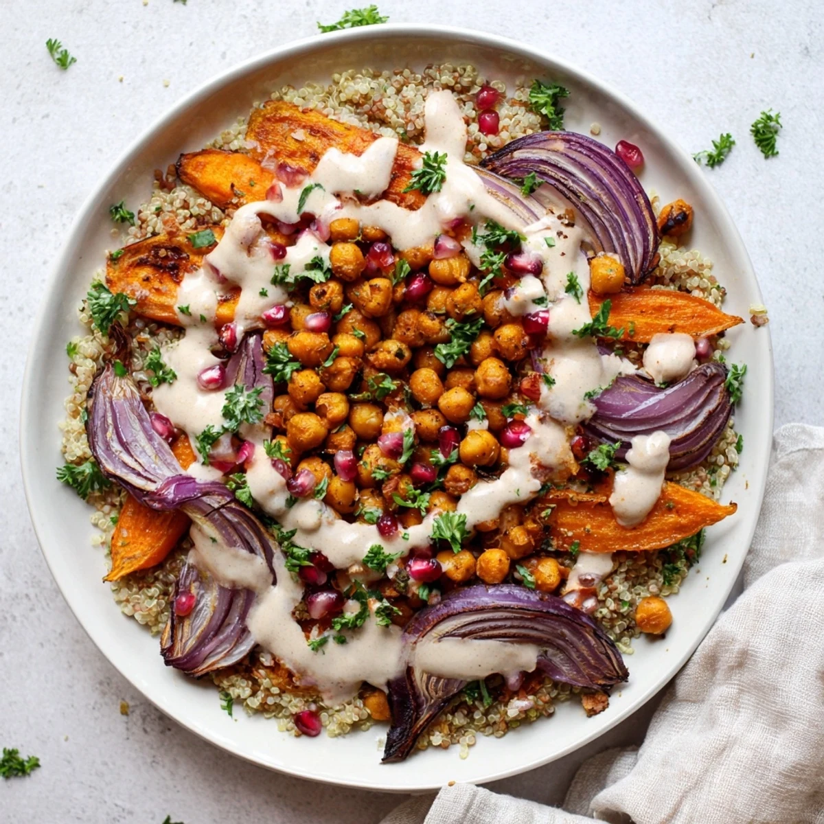 Vibrant One Pan Roasted Carrot Chickpea Bowl with red onion wedges and fresh parsley garnish on a rustic wooden table.