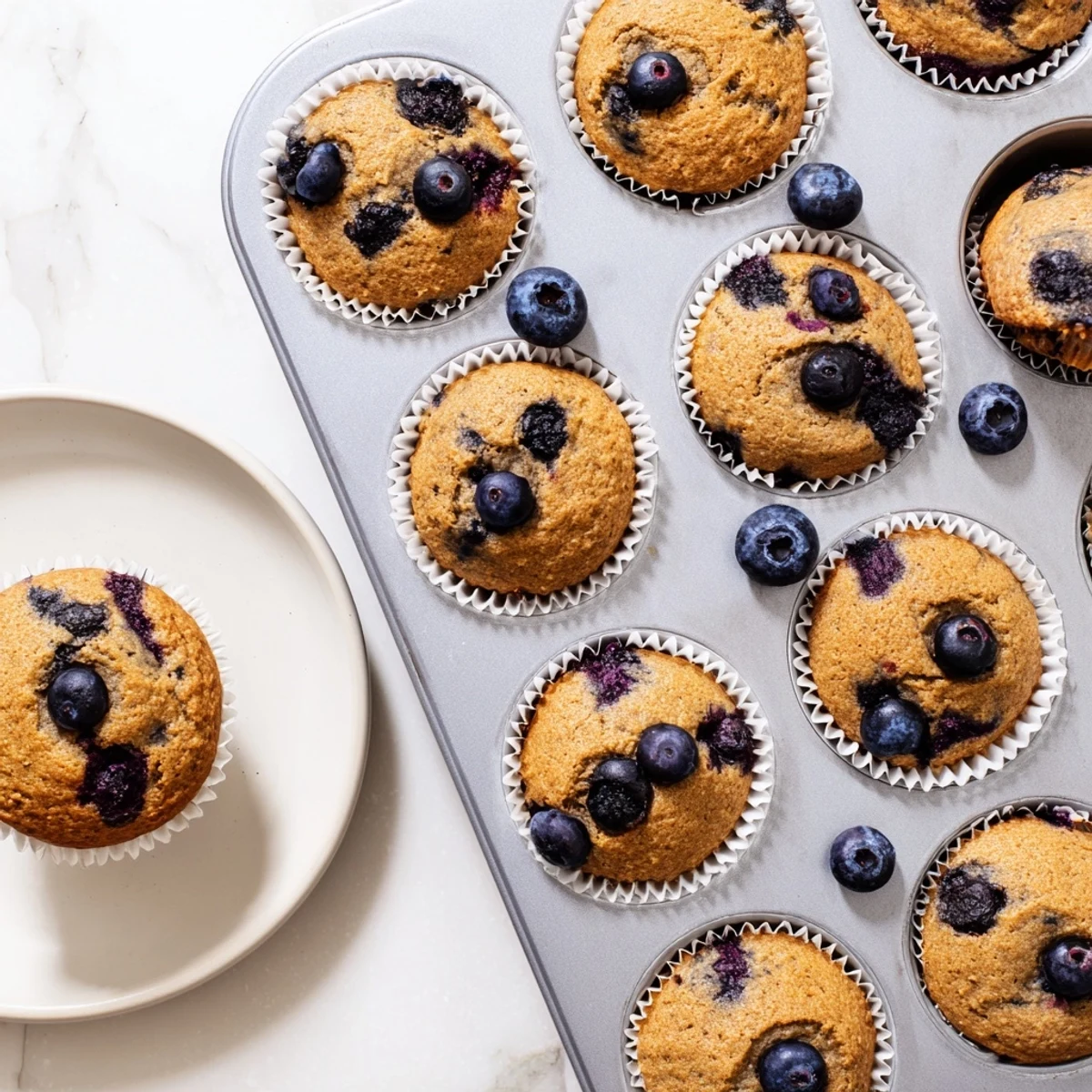 Golden-brown Greek Yogurt Blueberry Protein Muffins sitting on a cooling rack, showcasing a moist crumb and abundant berries.