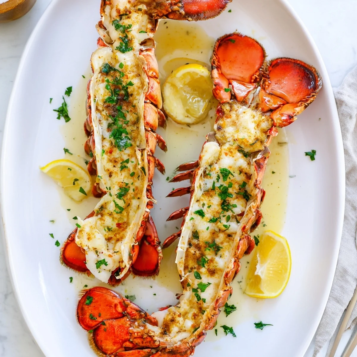 Air Fryer Lobster Tails with garlic butter sauce are served with lemon wedges and fresh parsley garnish.