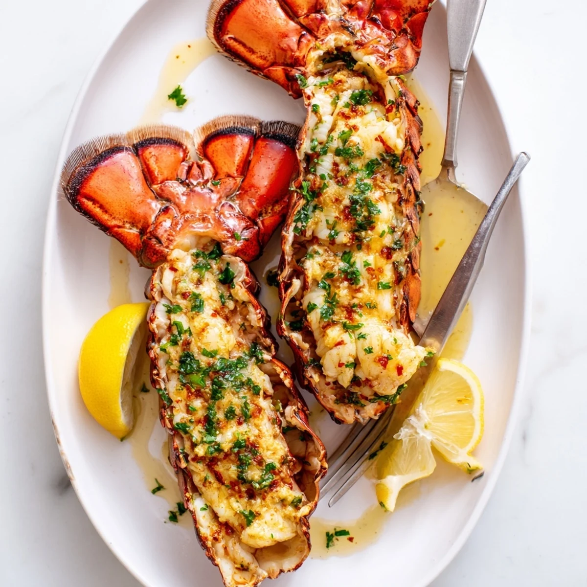 Restaurant quality Air Fryer Lobster Tails are drizzled with garlic butter and garnished with fresh parsley.