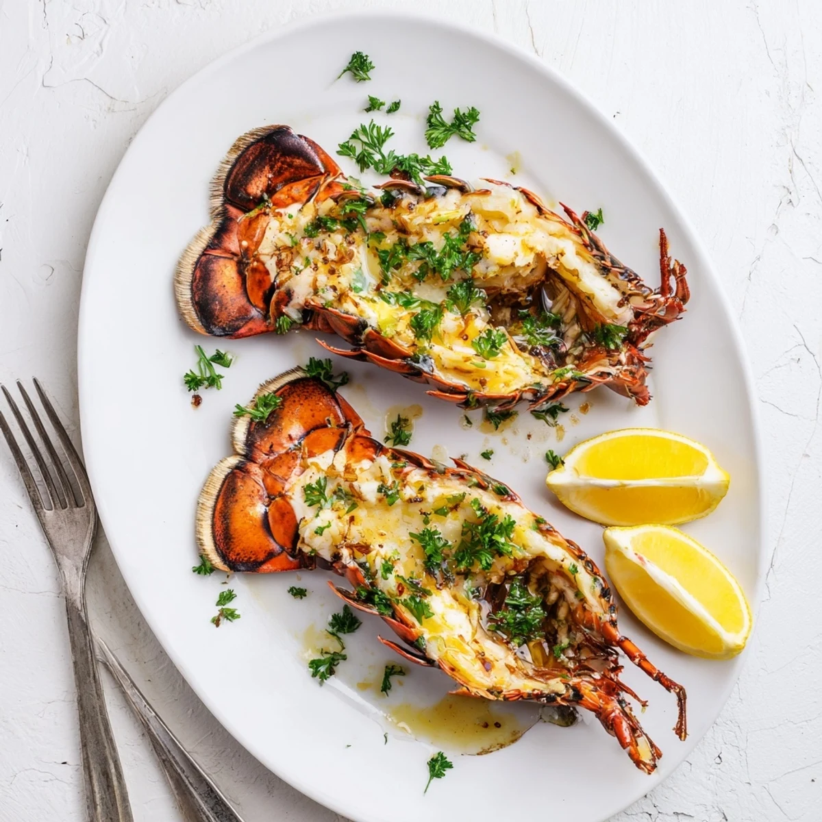 Juicy Air Fryer Lobster Tails finished with smoked paprika butter, plated alongside steamed vegetables and crusty bread.