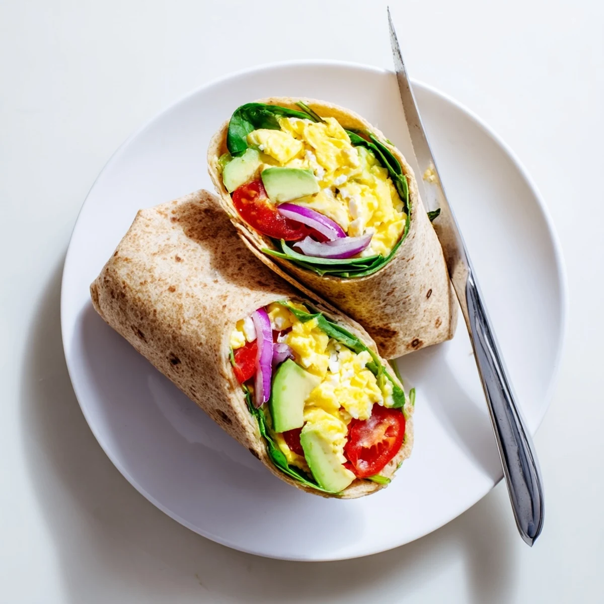 Golden scrambled eggs and creamy avocado slices fill this warm High Protein Breakfast Wrap, served on a white plate.