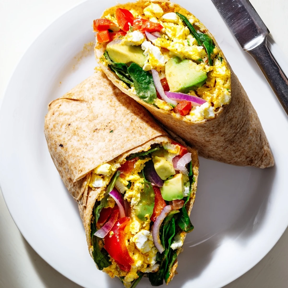 Two halves of a sliced High Protein Breakfast Wrap reveal layers of eggs, veggies, and cottage cheese on a marble counter.