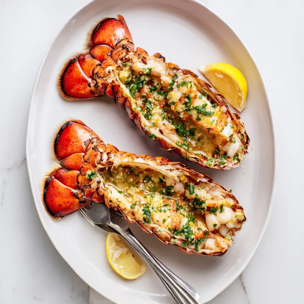 Golden Easy Baked Lobster Tails ready to serve, garnished with parsley and lemon wedges.