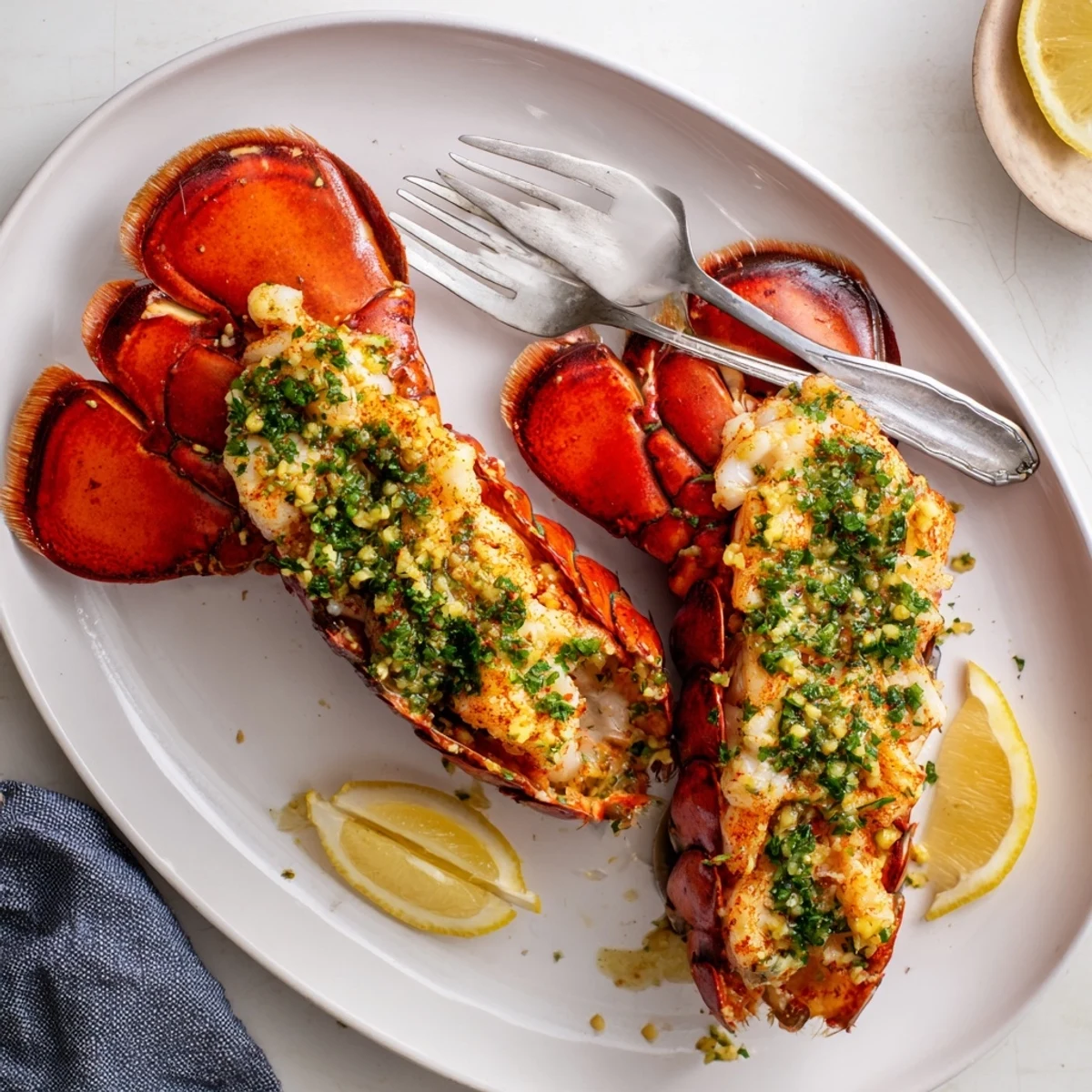 Freshly baked Easy Baked Lobster Tails with garlic butter glaze and lemon wedges on a plate.