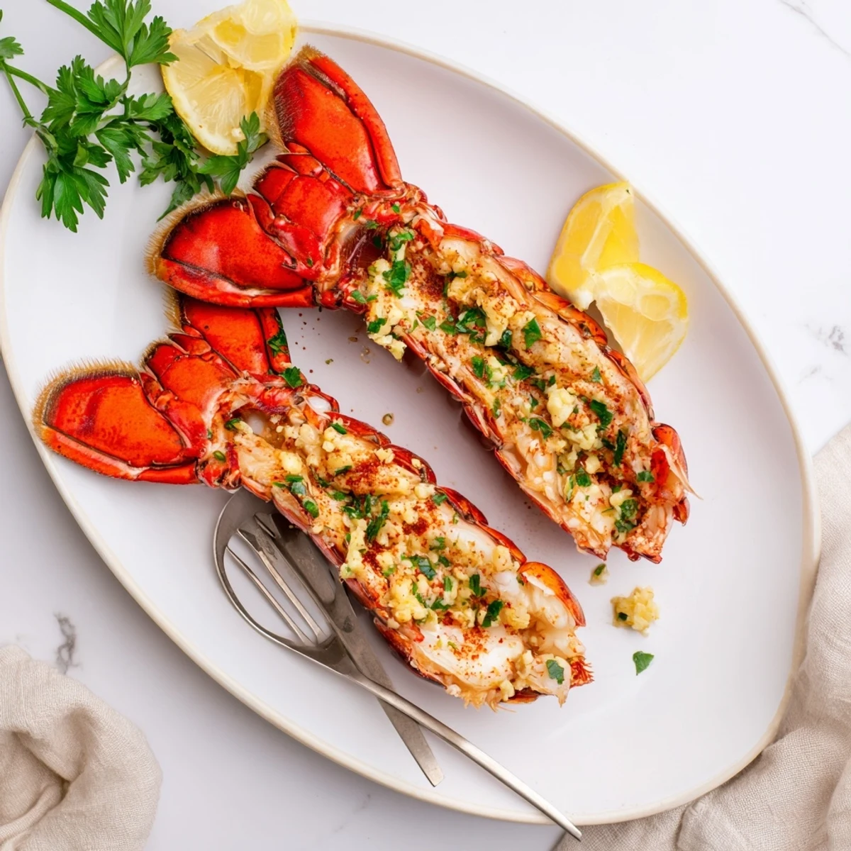 Juicy Easy Baked Lobster Tails with melted garlic butter and paprika seasoning on a baking sheet.