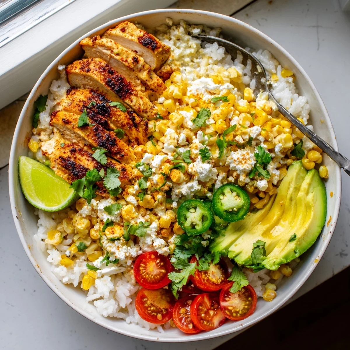 A vibrant Street Corn Chicken Rice Bowl with grilled chicken slices, creamy avocado, and a tangy street corn mixture.