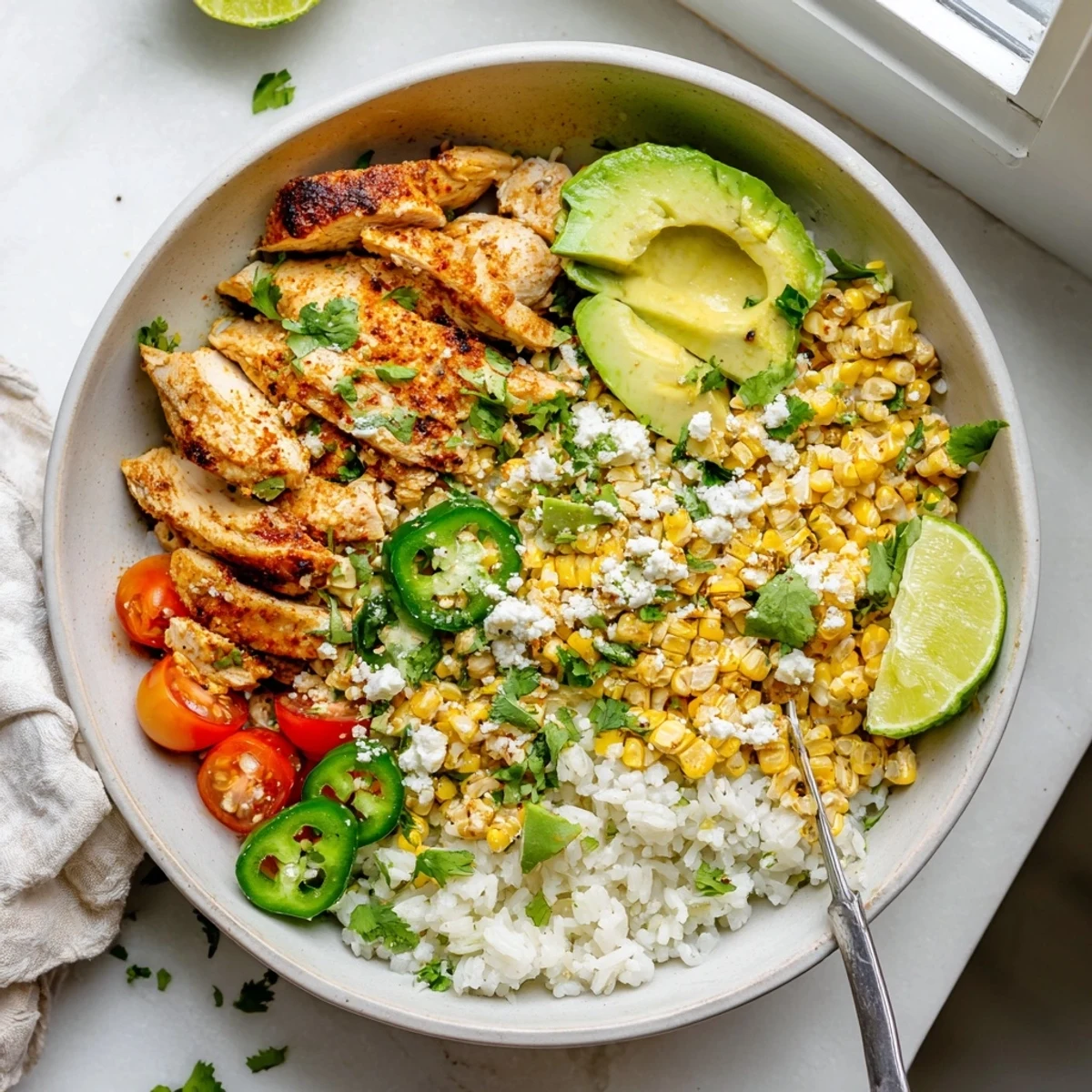 Street Corn Chicken Rice Bowl served over fluffy rice with cotija cheese and fresh cilantro garnish.