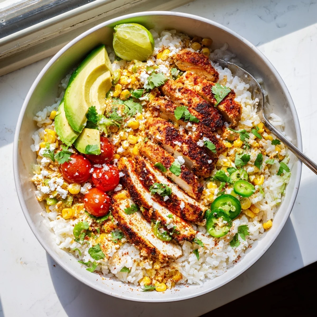 An easy Street Corn Chicken Rice Bowl featuring charred corn, cherry tomatoes, and lime wedges for a zesty finish.