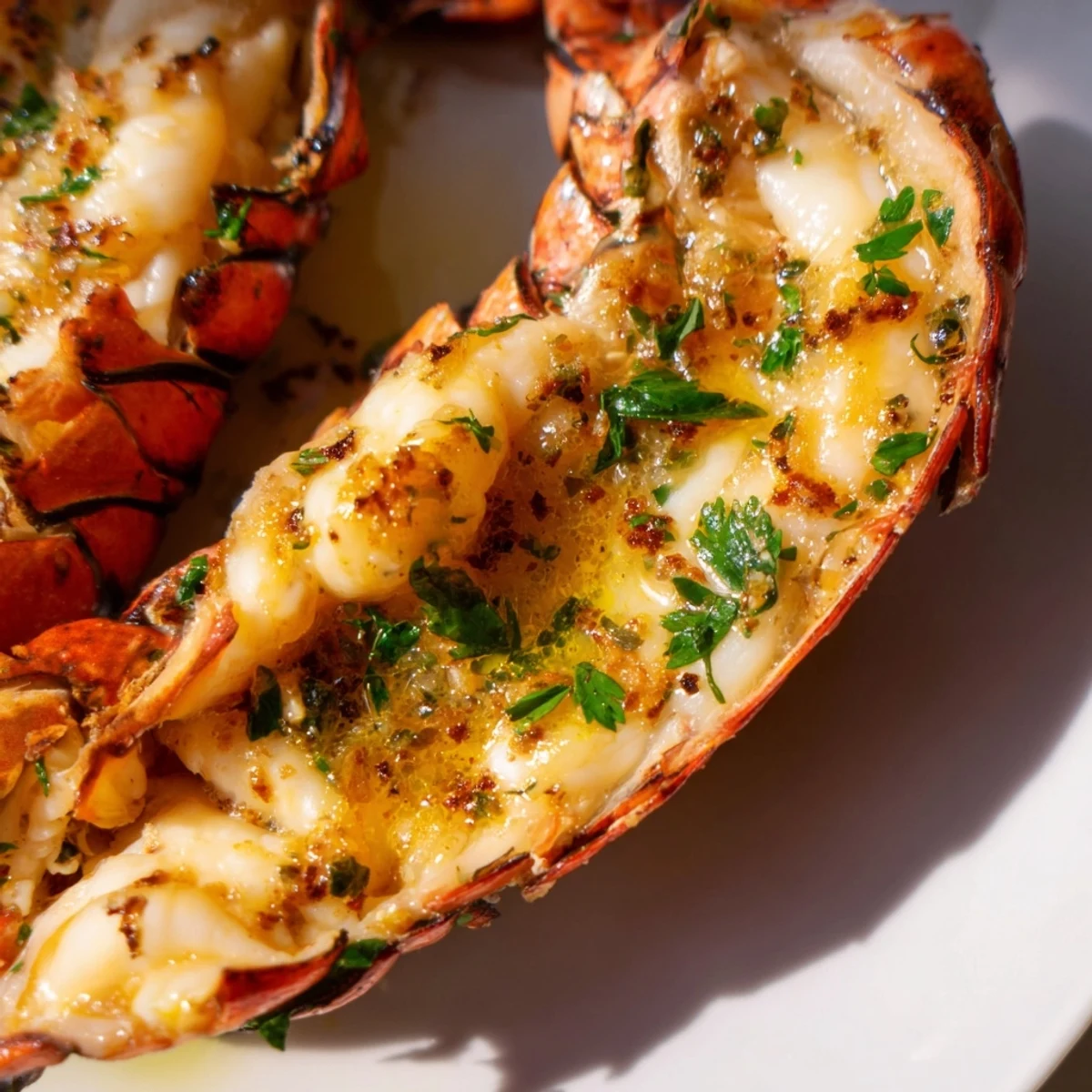 A close-up of Garlic Butter Lobster Tails with golden, broiled meat basted in aromatic garlic butter, served with lemon wedges for a special occasion dinner.
