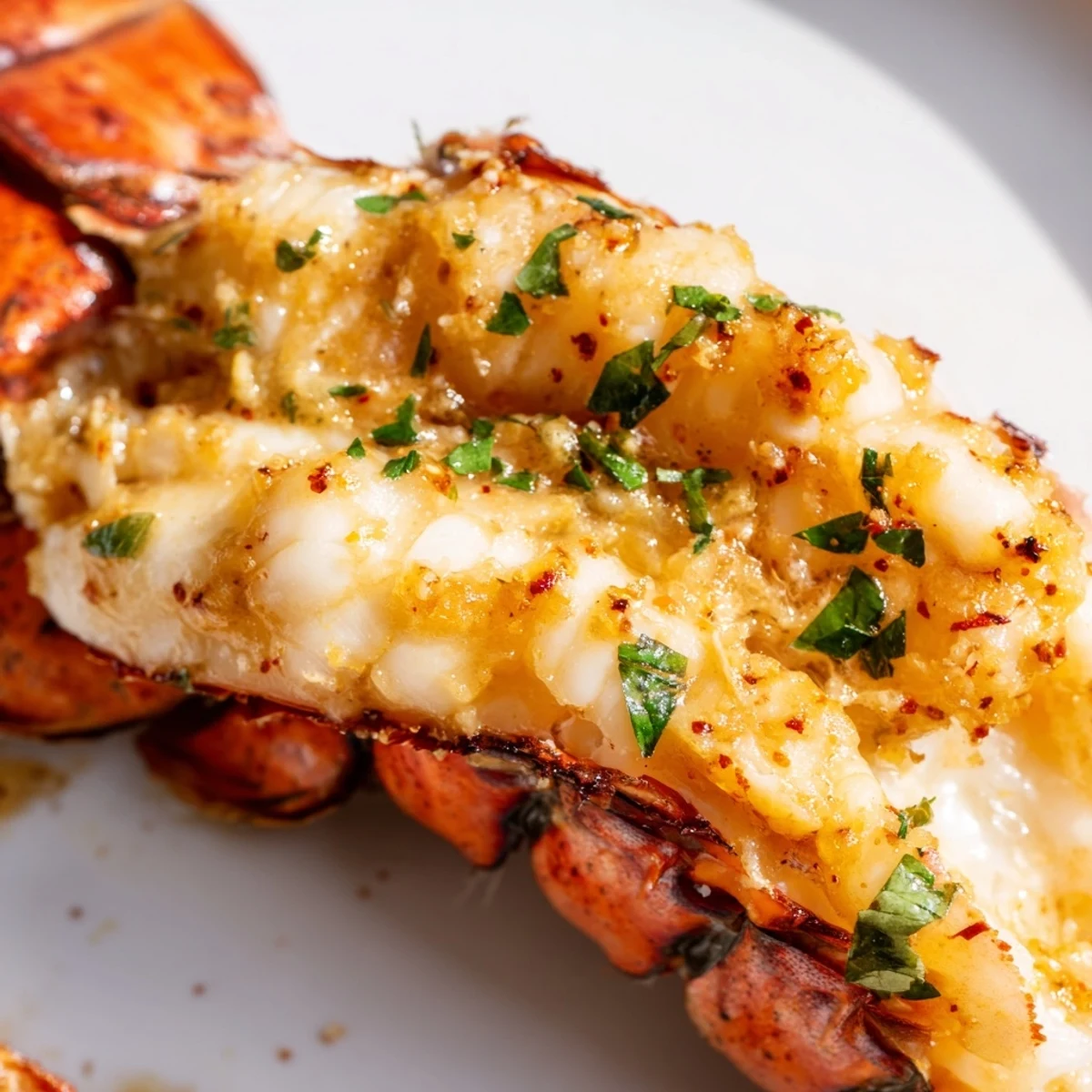 The succulent Garlic Butter Lobster Tails are resting on a baking sheet, brushed with fresh parsley and paprika, ready to be served for an elegant meal.