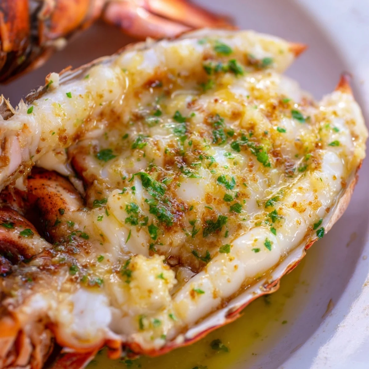 On a rustic plate, the Garlic Butter Lobster Tails are garnished with fresh parsley, accompanied by steamed vegetables and lemon wedges, creating a complete dining experience.