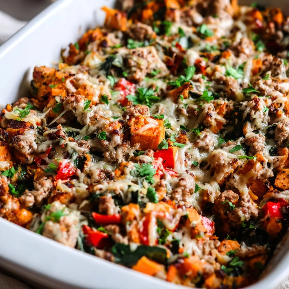 Golden-brown Ground Turkey Sweet Potato Bake emerges from the oven with melted dairy-free cheese and fresh parsley garnish, served warm.