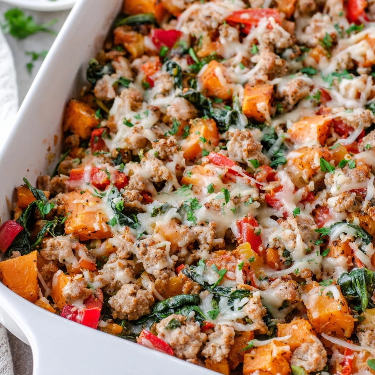 Hearty Ground Turkey Sweet Potato Bake combines savory spices, tender vegetables, and ground turkey in a comforting gluten-free casserole for dinner.