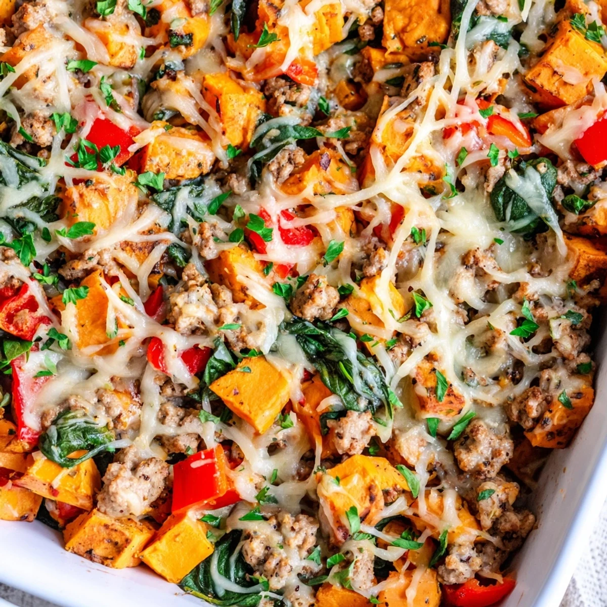 Freshly baked Ground Turkey Sweet Potato Bake reveals golden edges and wilted spinach inside a 9x13-inch dish, ready to serve families.