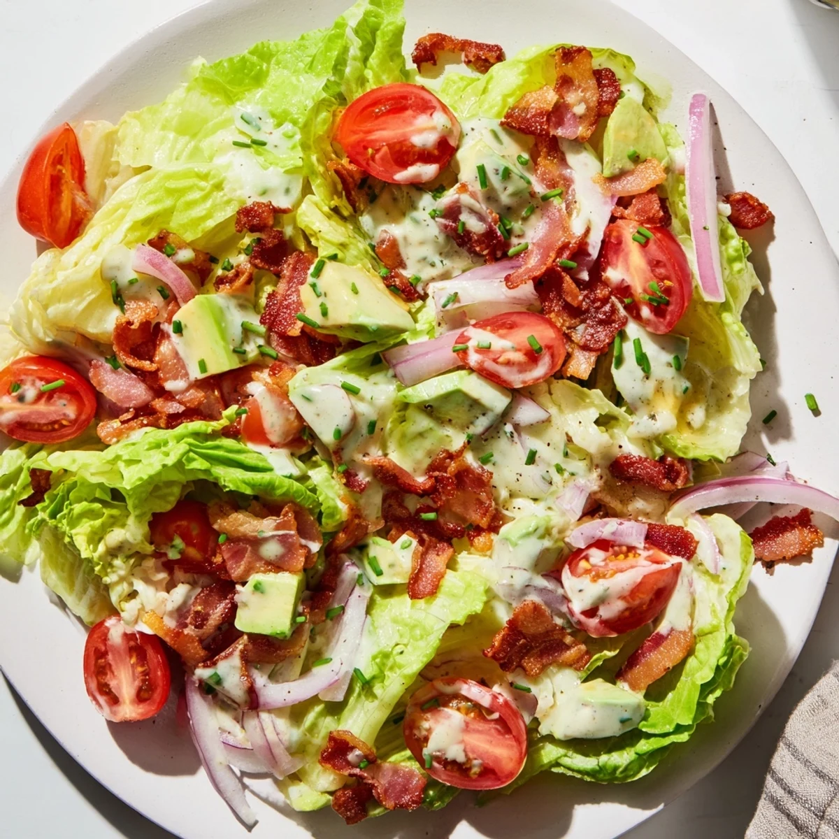 Serving suggestion for Crispy Bacon Keto BLT Salad with chives sprinkled on top and lettuce.