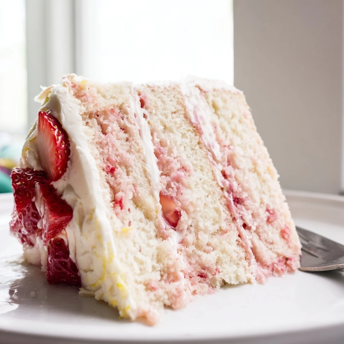 A slice of moist Strawberry Lemonade Cake With Creamy Lemon Buttercream, topped with fresh strawberry halves and a lemon zest curl.