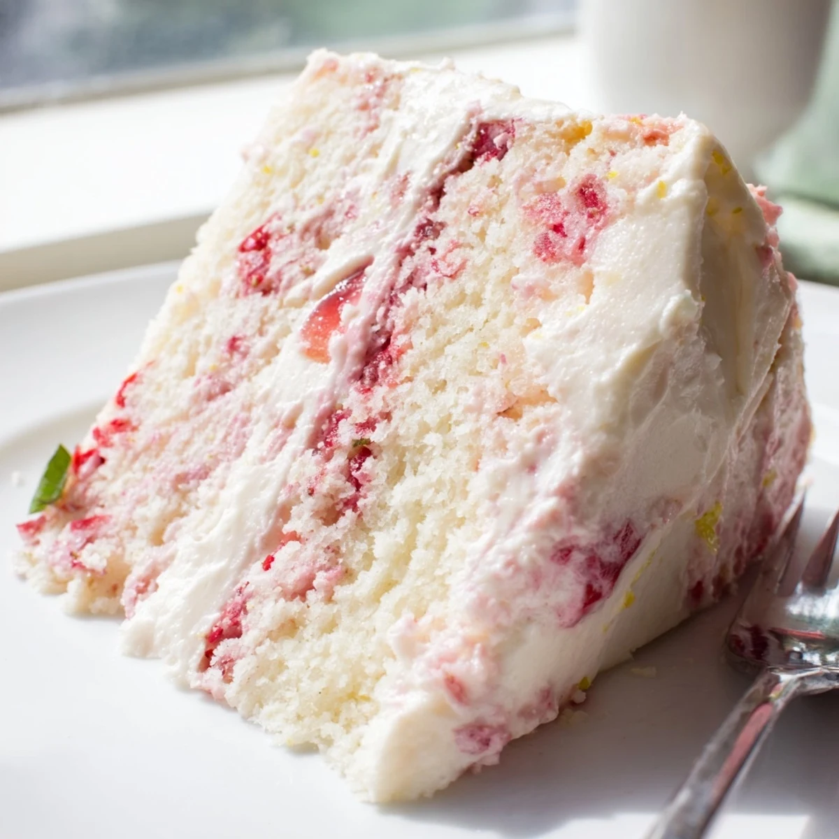 Freshly frosted Strawberry Lemonade Cake With Creamy Lemon Buttercream with vibrant pink layers and tangy buttercream on a sunny patio table.