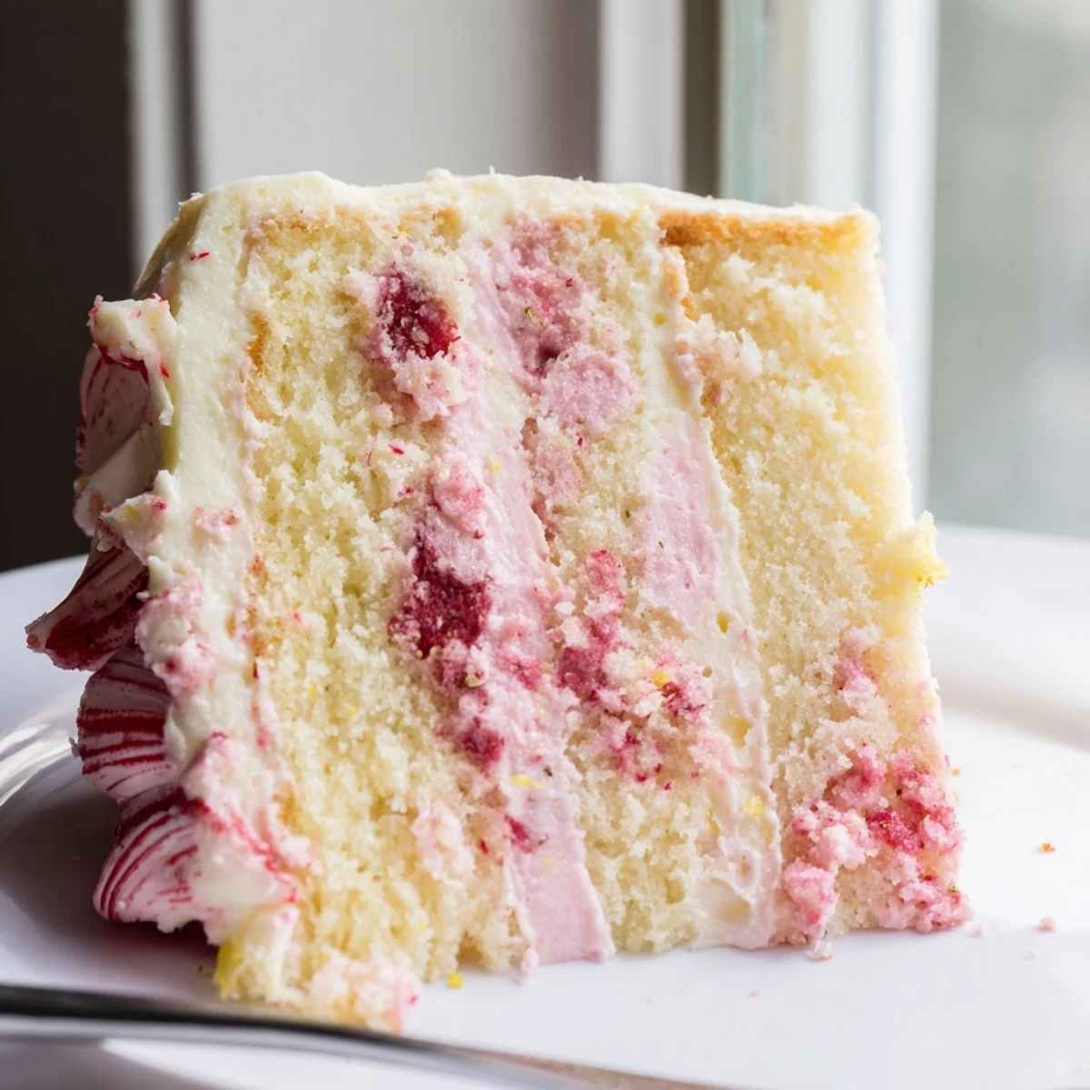 Overhead view of a whole Strawberry Lemonade Cake With Creamy Lemon Buttercream, garnished with halved strawberries and a serving spatula.
