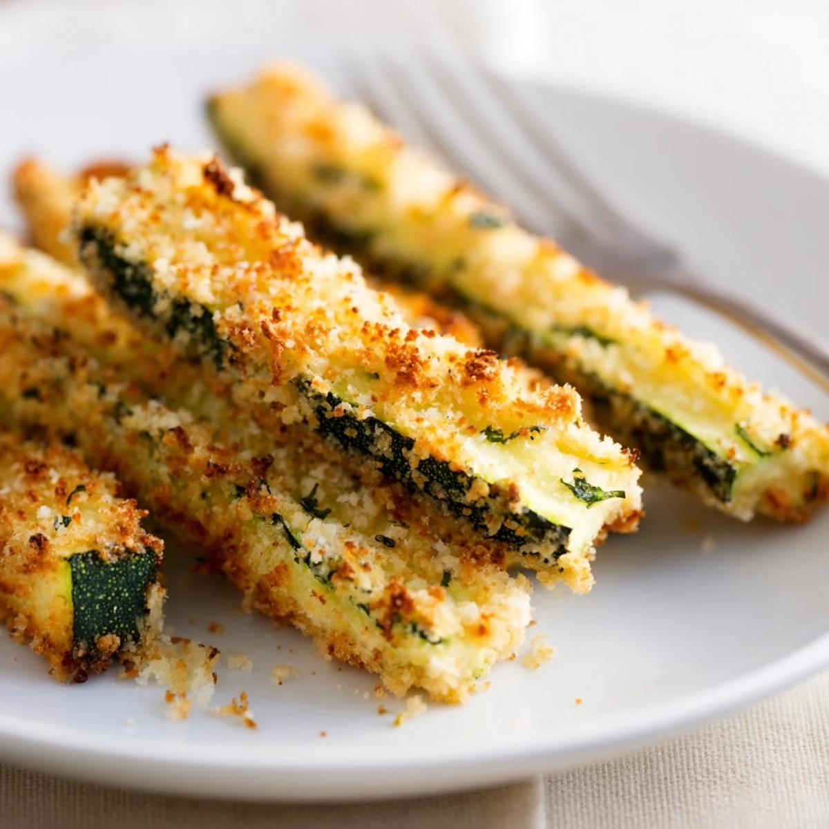 Golden, crispy Keto Baked Parmesan Zucchini Fries fresh from the oven, served on a plate with a side of marinara for dipping.