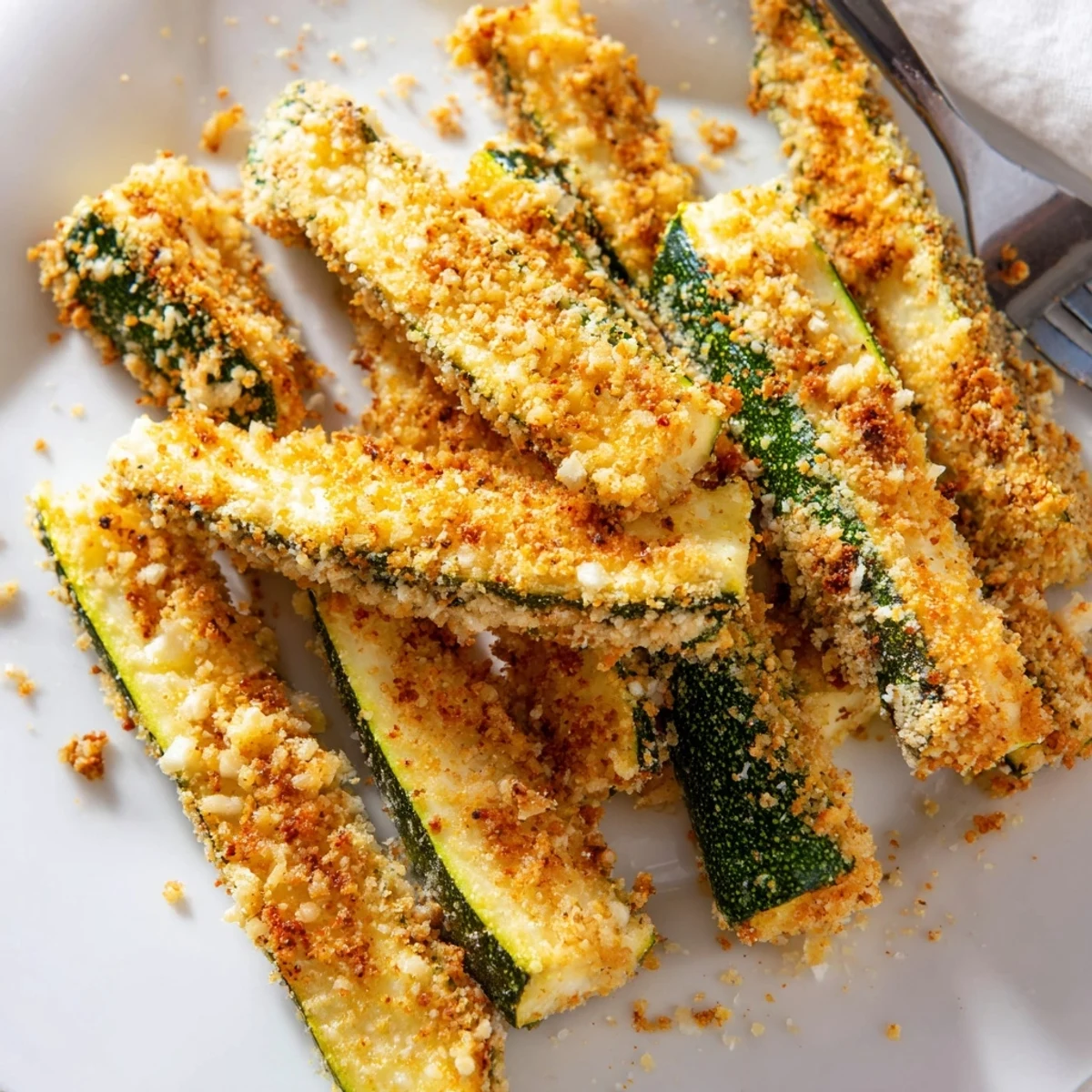 A close-up of low-carb Keto Baked Parmesan Zucchini Fries showing tender zucchini sticks coated in a savory, crunchy Parmesan and almond flour crust.