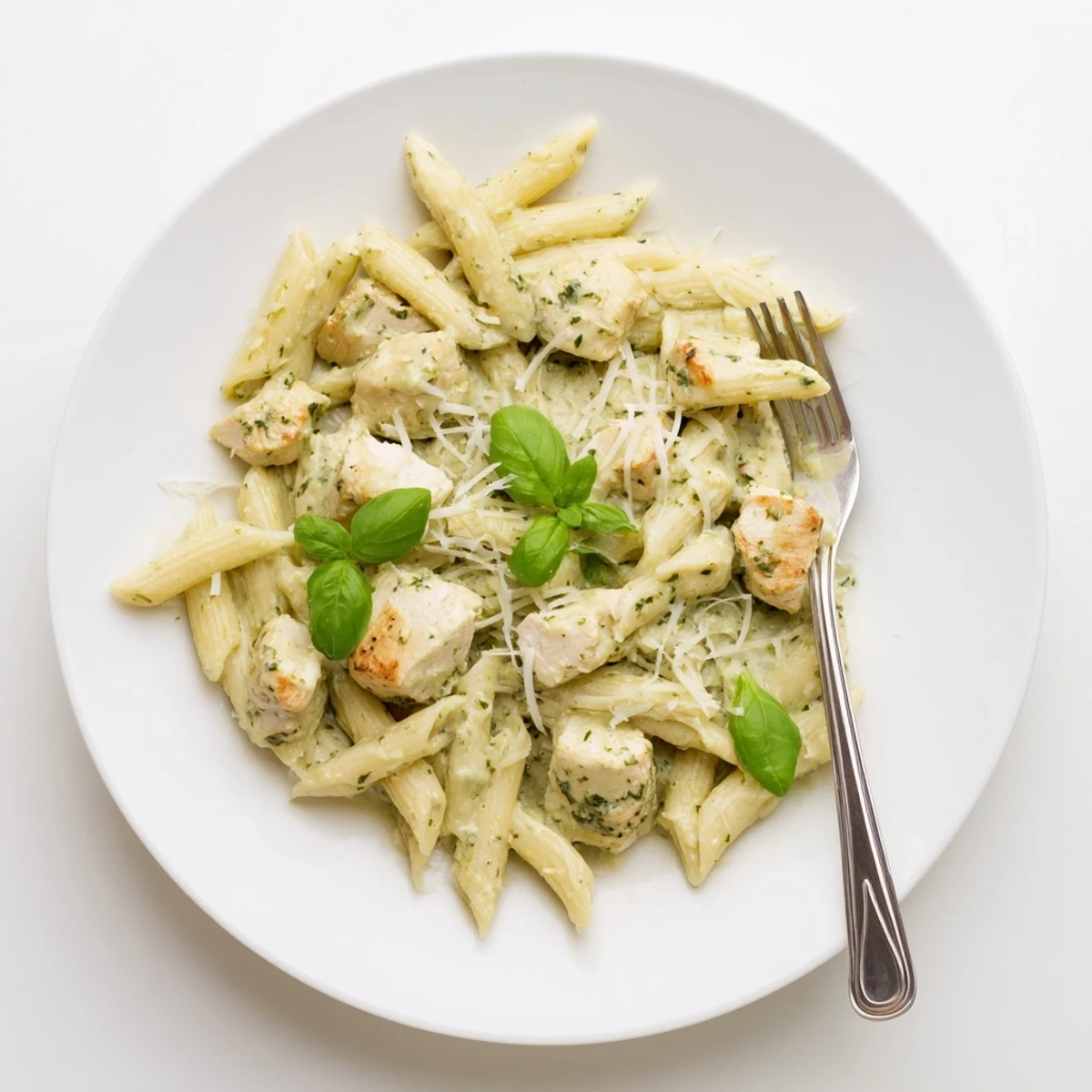 A bowl of Creamy Pesto Chicken Pasta with golden chicken pieces, penne pasta coated in vibrant green basil pesto sauce, and fresh basil garnish.