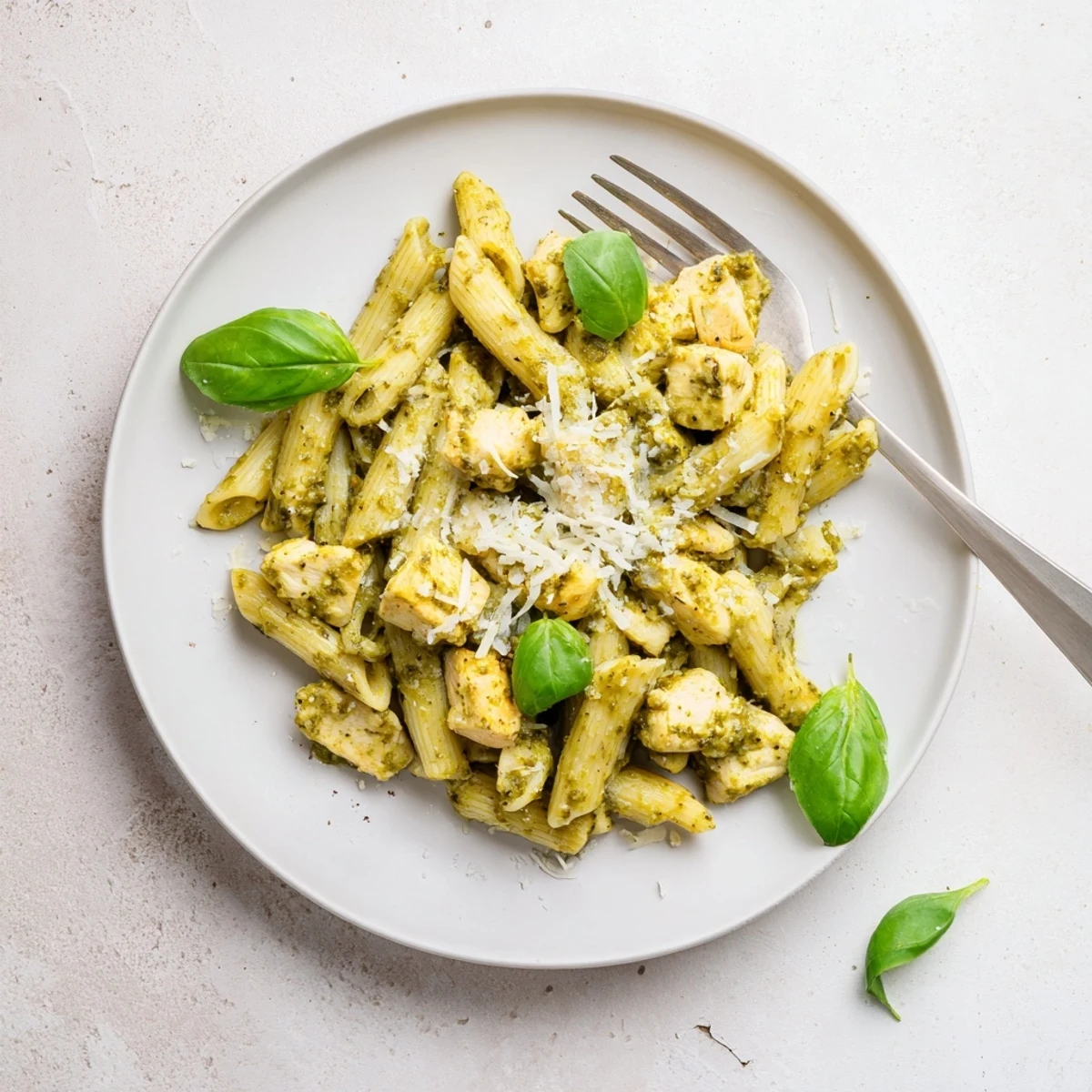 Creamy Pesto Chicken Pasta served in a white ceramic bowl, steam rising from the al dente noodles and tender chicken chunks smothered in rich sauce.