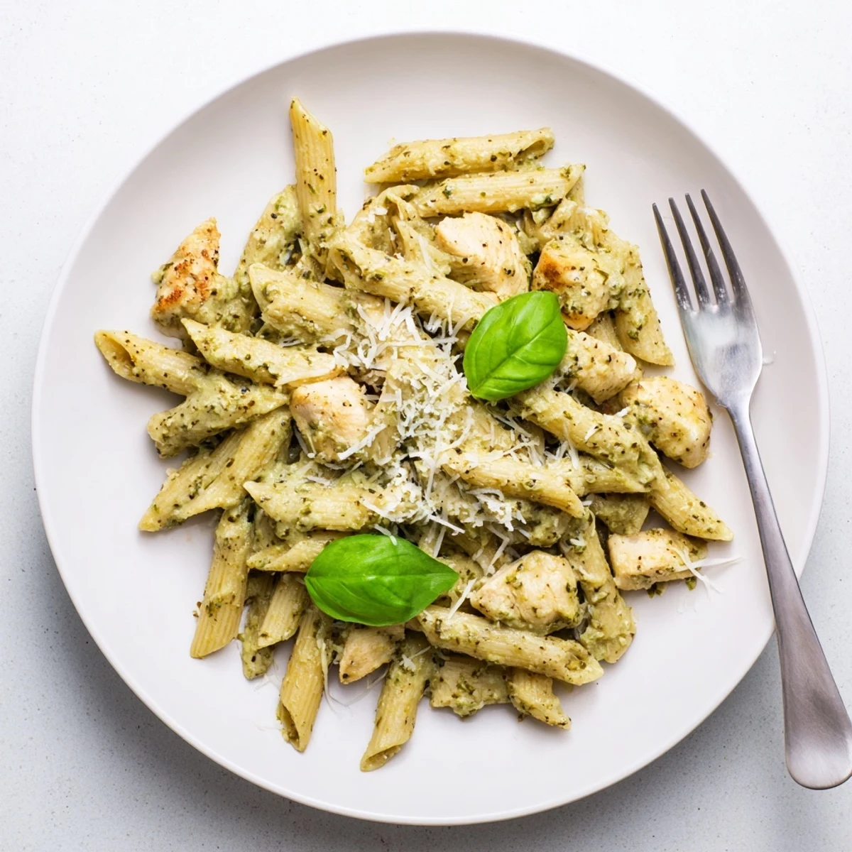 Top-down view of Creamy Pesto Chicken Pasta featuring grated Parmesan cheese, sautéed chicken, and creamy basil pesto sauce tossed with penne pasta.