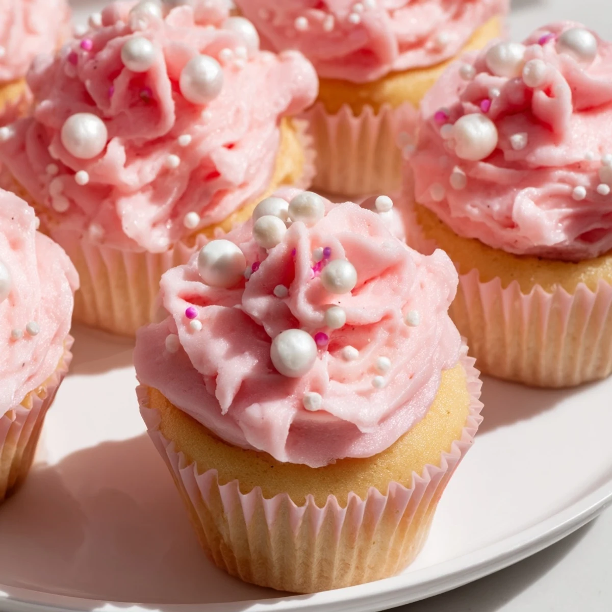 A close-up of Girl Baby Shower Cupcakes with fluffy pink buttercream frosting, topped with edible pearls and tiny decorative sprinkles for a sweet celebration.