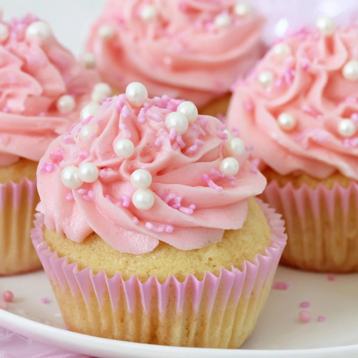 Twelve adorable Girl Baby Shower Cupcakes arranged on a pastel dessert table, ready to serve at a baby girl party with themed decorations.