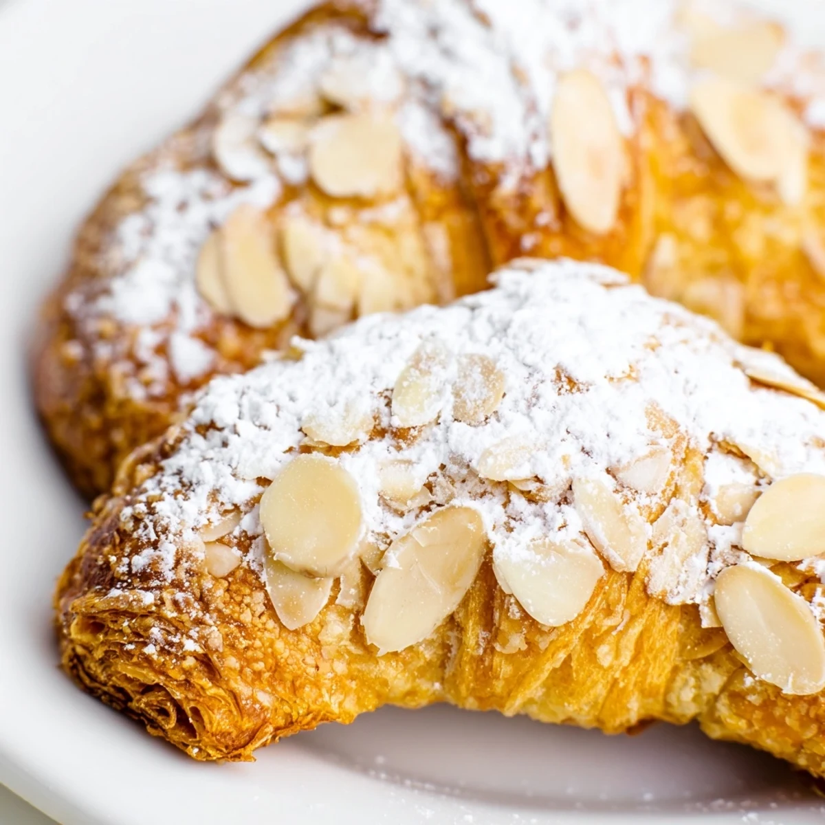A close-up view shows golden-brown Almond Croissant Cookies with sliced almonds on top, ready to be served with coffee.