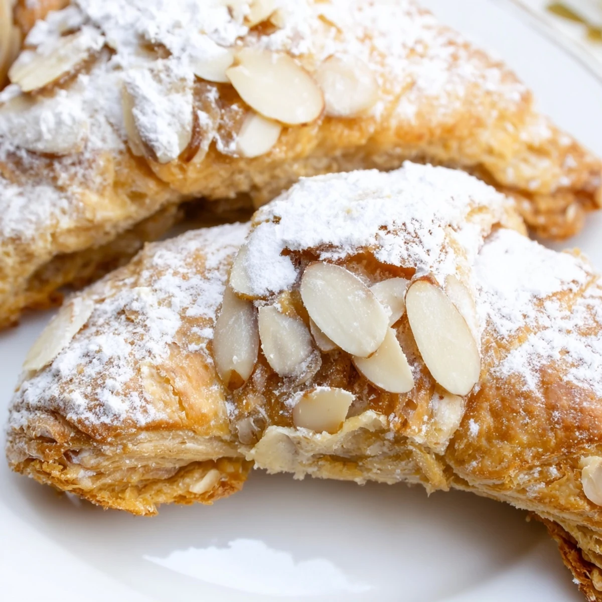 These glazed Almond Croissant Cookies are arranged on a white plate, revealing a tender almond filling inside.