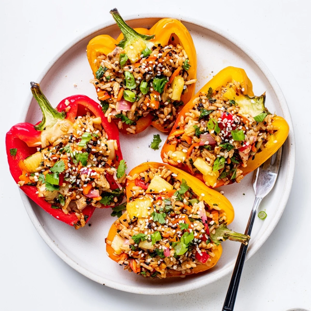 A single teriyaki pineapple chicken and rice stuffed pepper rests on a plate, revealing a fluffy filling of tender chicken and sweet pineapple.