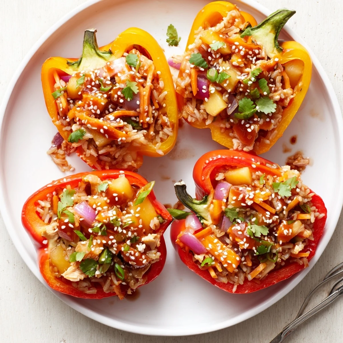 Bright red bell peppers stuffed with teriyaki pineapple chicken and rice, glistening under a sticky glaze and topped with sesame seeds.