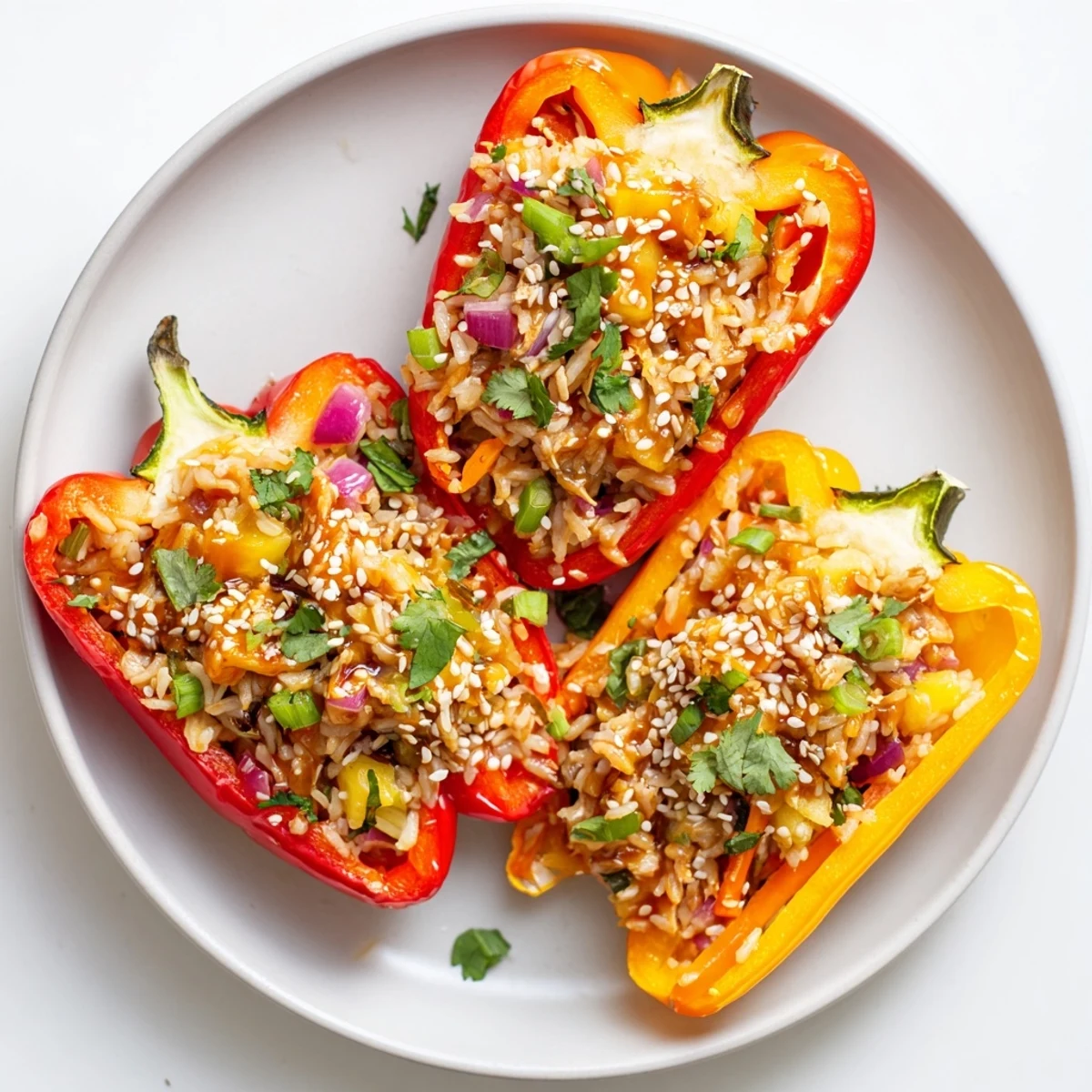 Family-style platter showcasing four golden-baked teriyaki pineapple chicken and rice stuffed peppers, garnished with fresh cilantro and ready to serve.