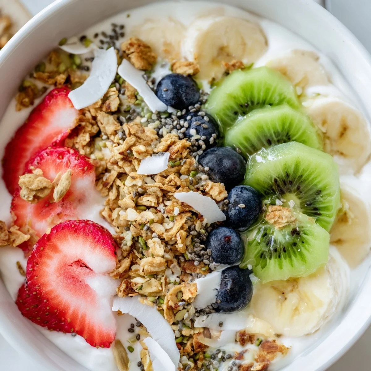 Fresh sliced banana, strawberries, blueberries, and creamy Greek yogurt topped with crunchy granola and honey drizzle in a Healthy Breakfast Bowl.
