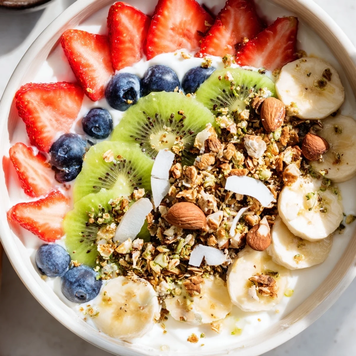 Colorful Healthy Breakfast Bowl featuring layers of strawberries, kiwi, blueberries, and banana over yogurt, sprinkled with granola, nuts, and optional shredded coconut.