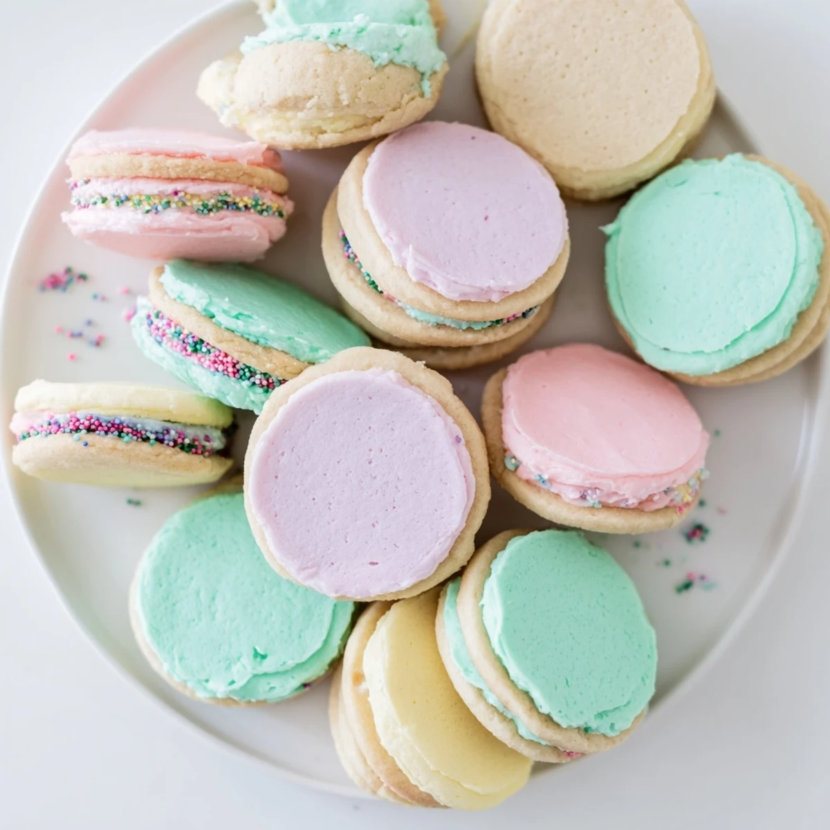 Golden-edged Pastel Sugar Cookie Sandwiches displayed on a white ceramic plate, ready for spring gatherings.