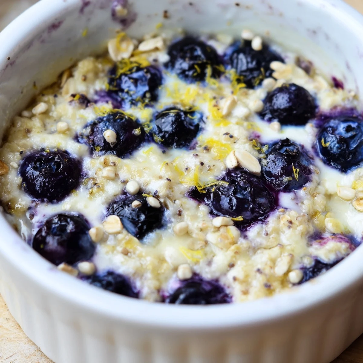Warm, golden Baked Blueberry Cottage Cheese Breakfast Bowls served bubbling from the oven with a honey drizzle.
