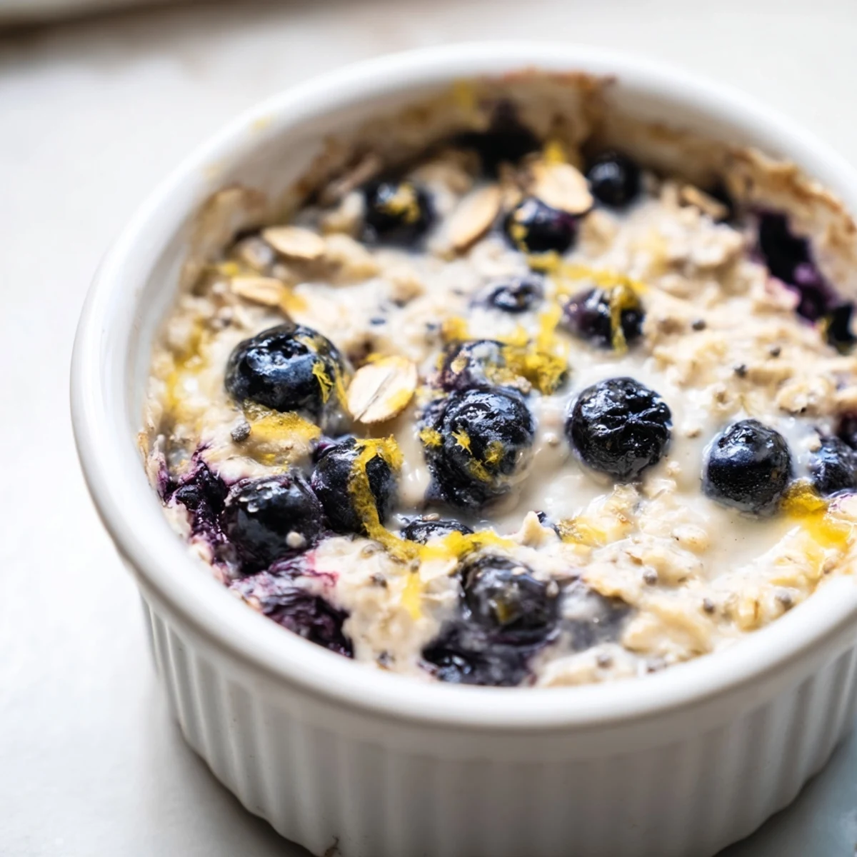 Serve these cozy Baked Blueberry Cottage Cheese Breakfast Bowls with crunchy toasted almonds and a spoon of yogurt.