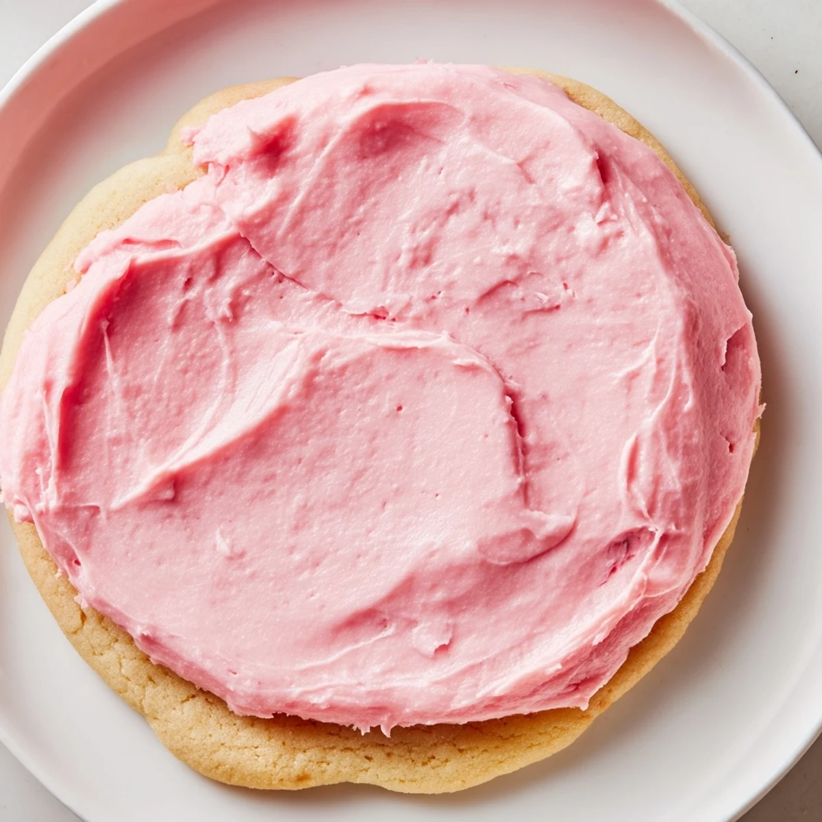 A close-up of Crumbl Pink Sugar Cookies, showing soft, thick sugar cookies with a glossy pink almond frosting and visible crumbs.