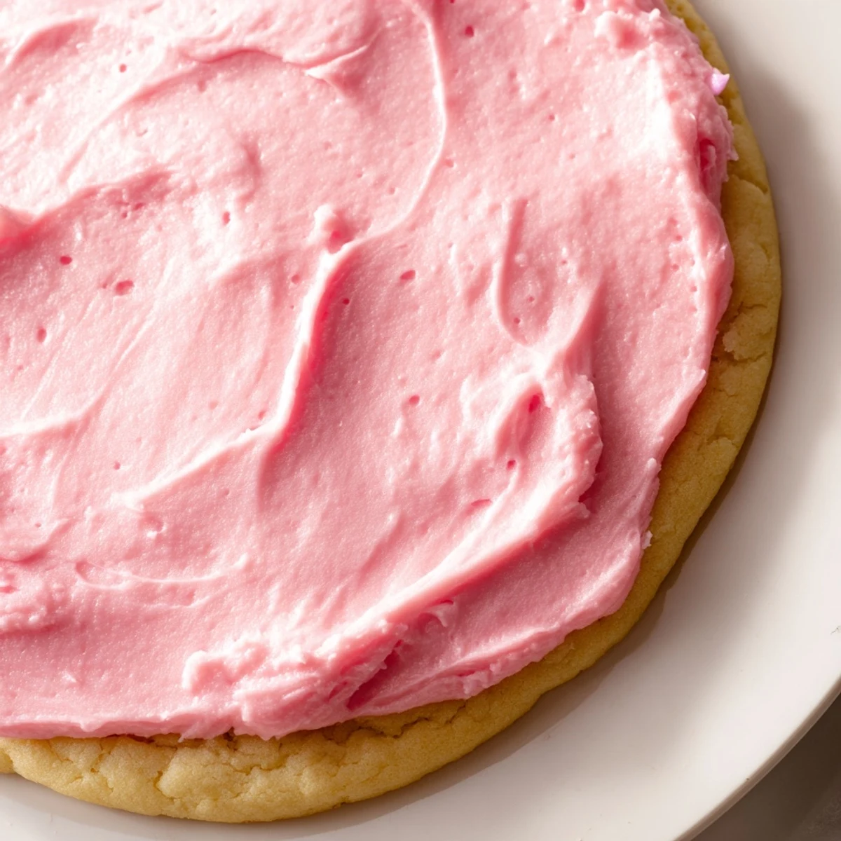 A batch of freshly baked Crumbl Pink Sugar Cookies on a cooling rack, with vibrant pink frosting spread generously over each cookie.