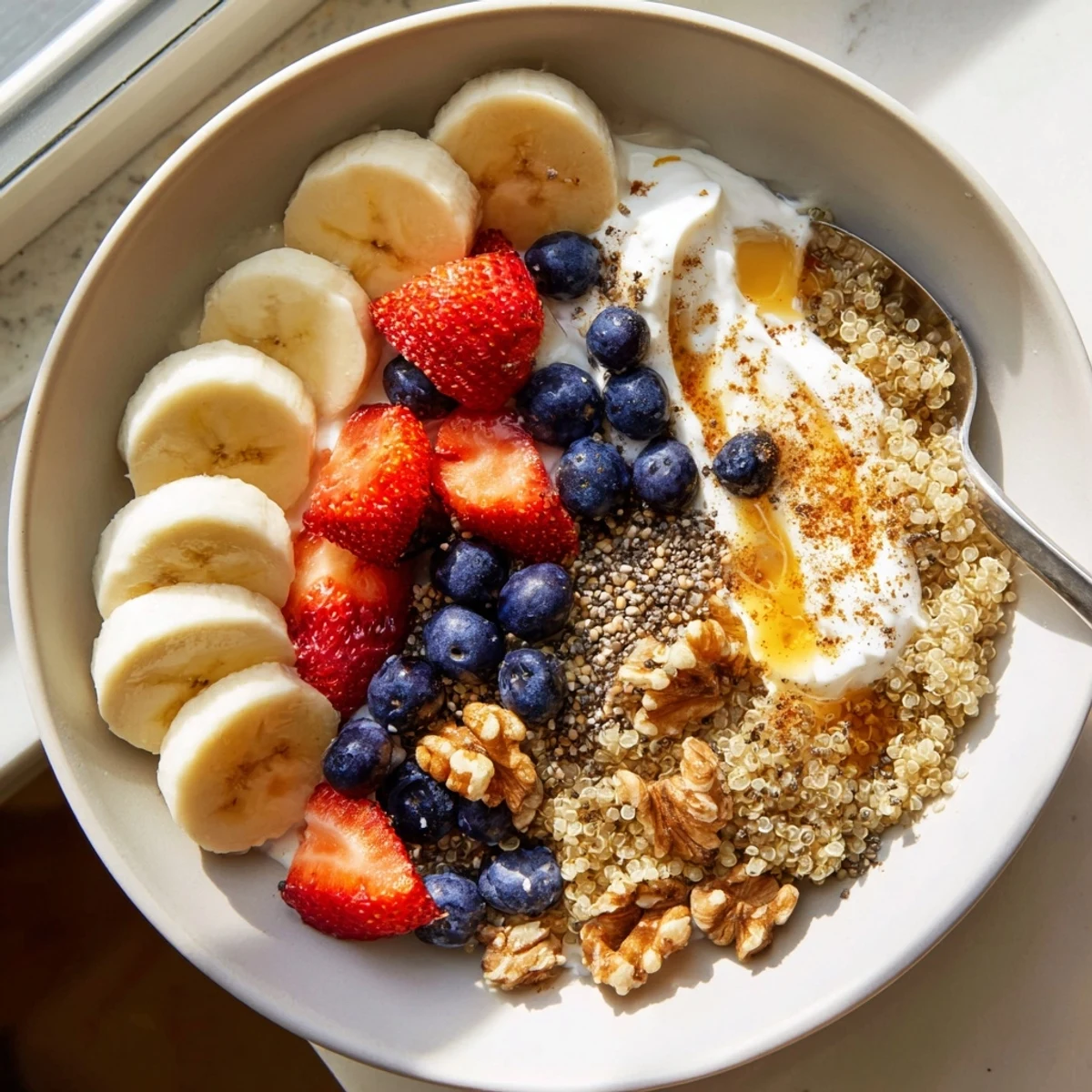 A vibrant close-up of the Dietitians Balanced Breakfast Bowl topped with fresh berries, creamy Greek yogurt, and soft-boiled eggs.