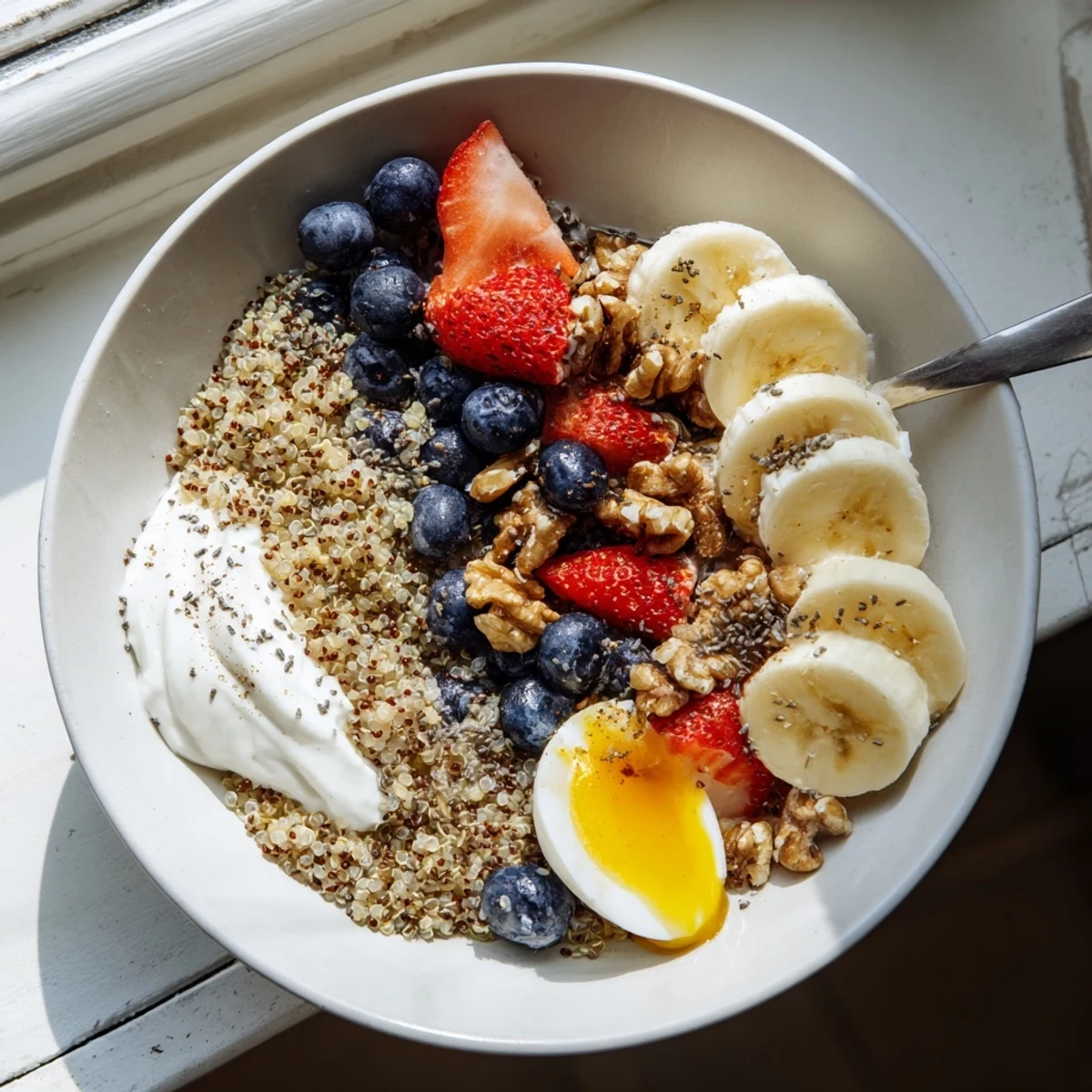 Enjoy a colorful serving of the Dietitians Balanced Breakfast Bowl with quinoa, eggs, chia seeds, and fresh fruit, perfect for a nutritious start.