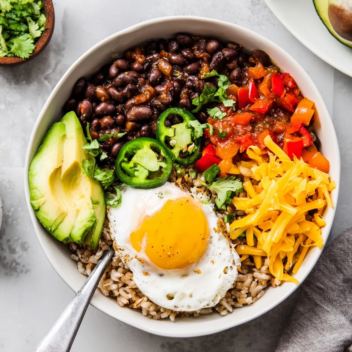 A close-up of Tex Mex Inspired Breakfast Bowls topped with creamy avocado and a sunny fried egg.